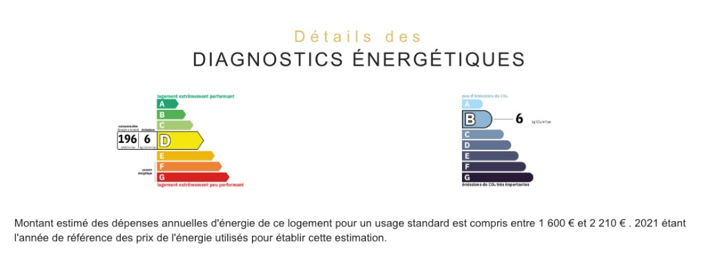Official EPC labels — class D consumption, class B emissions — 196 kWh/m²/yr, 6 kg CO₂/m²/yr